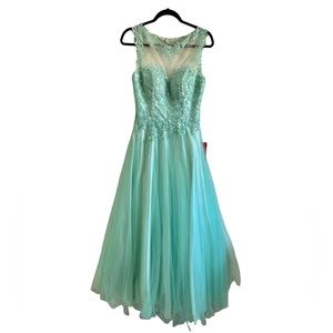 Aqua Dancing Queen Bejeweled Lace Dress 8876